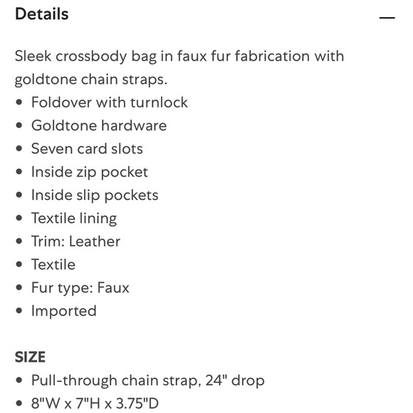 NWT ➡️ SLEEK crossbody bag in faux fur fabrication w/goldtone chain straps- - Picture 5 of 5